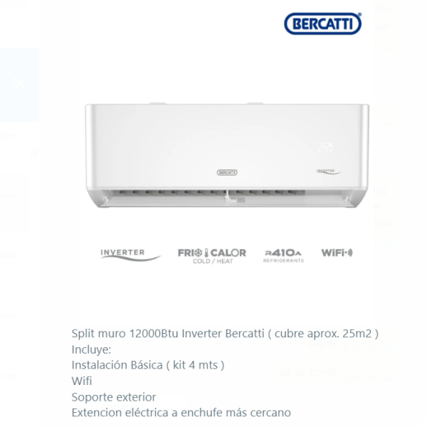 aire acondicionado inverter bercatti de 12000 btu